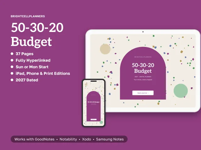 50-30-20 Budget – Digital Planners by BrightCellPlanStudio