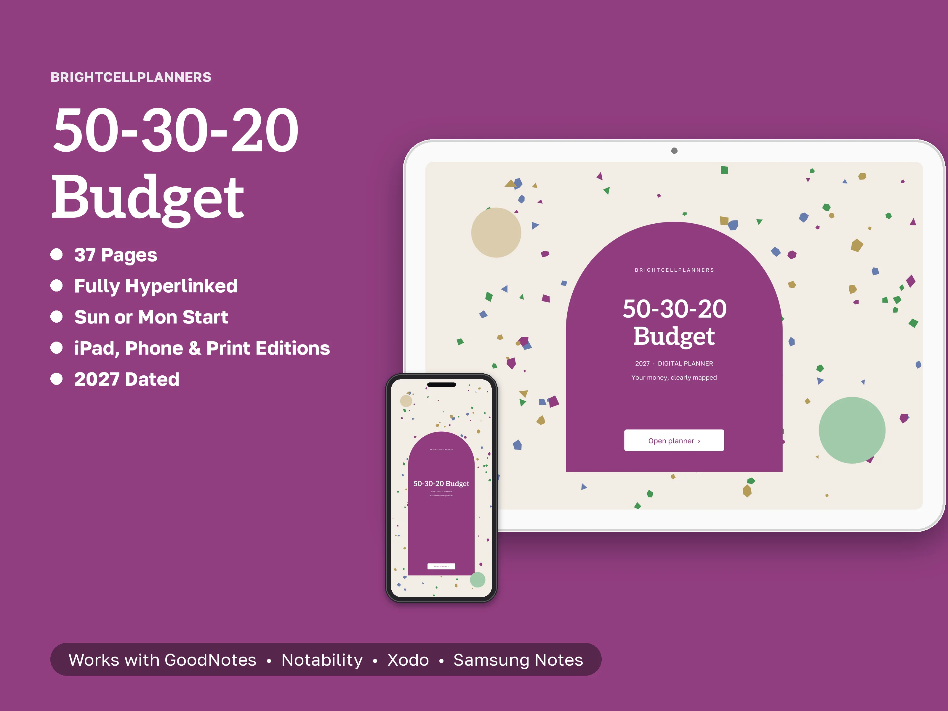 50-30-20 Budget – Digital Planners by BrightCellPlanStudio
