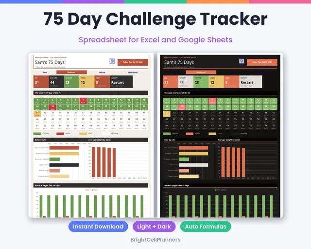 75 Day Challenge Tracker – Spreadsheets by BrightCellPlanStudio