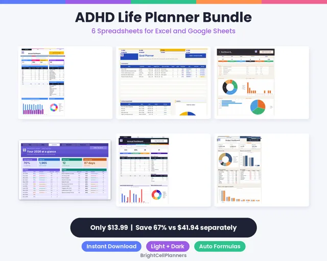 ADHD Life Planner Spreadsheet Bundle – Spreadsheets by BrightCellPlanStudio
