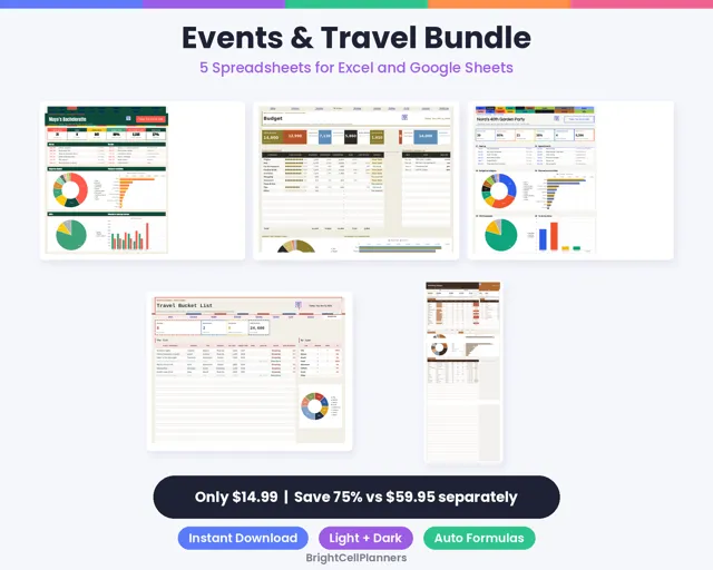 Events and Travel Spreadsheet Bundle – Spreadsheets by BrightCellPlanStudio